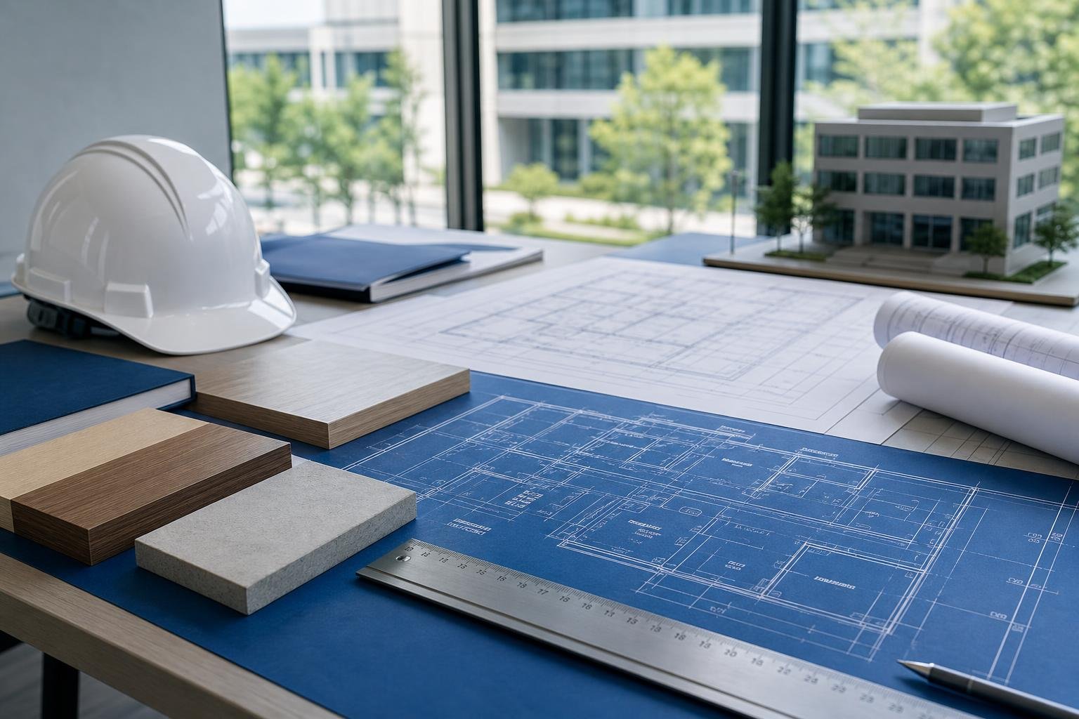 図面と建築道具を並べた会社紹介イメージ