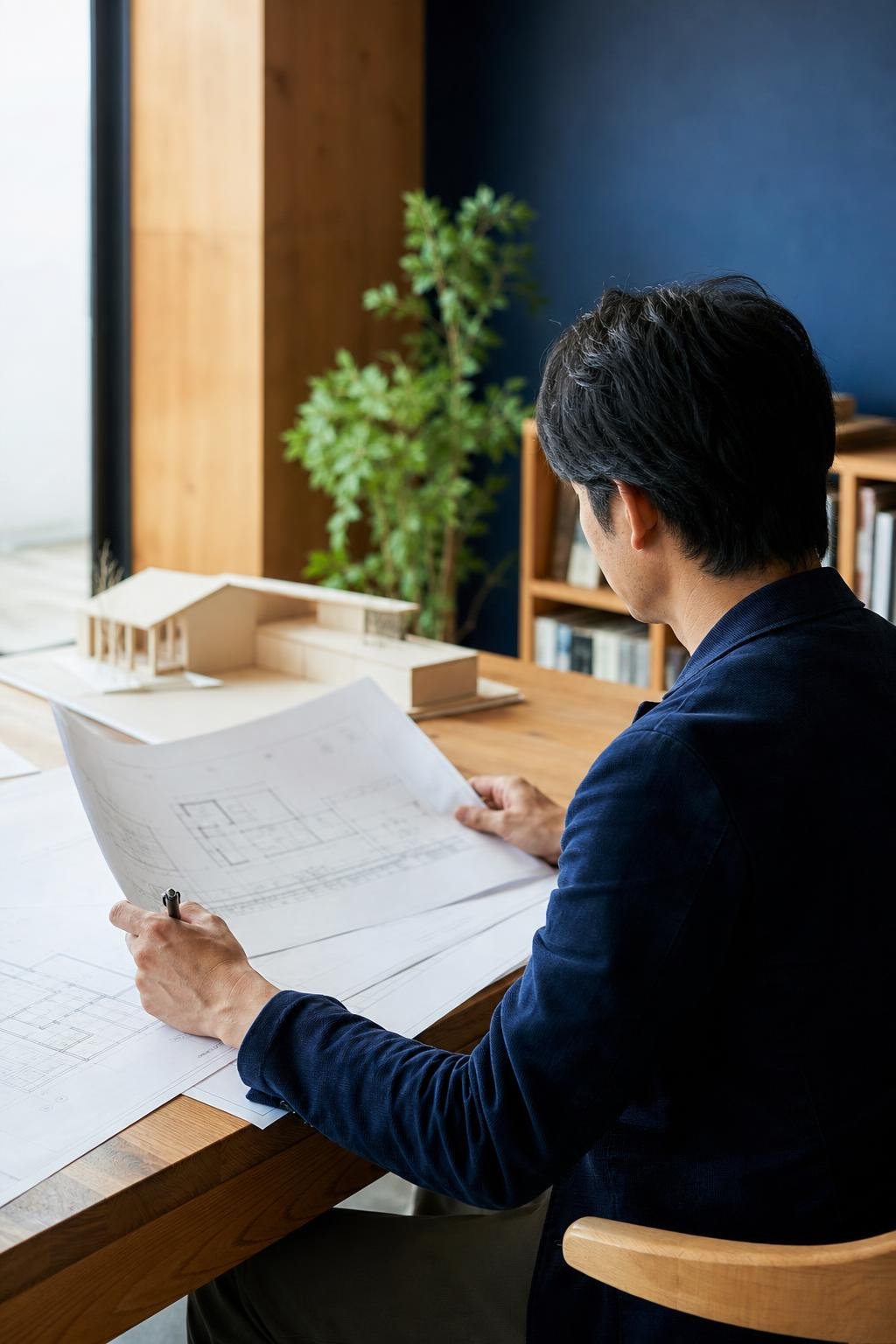 図面に向き合う建築会社代表のイメージ
